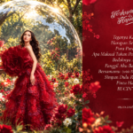 Ilustrasi penyanyi perempuan mengenakan gaun merah di taman bunga untuk album Terkunci Hatiku