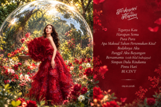 Ilustrasi penyanyi perempuan mengenakan gaun merah di taman bunga untuk album Terkunci Hatiku