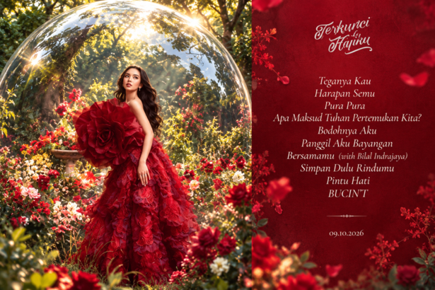 Ilustrasi penyanyi perempuan mengenakan gaun merah di taman bunga untuk album Terkunci Hatiku