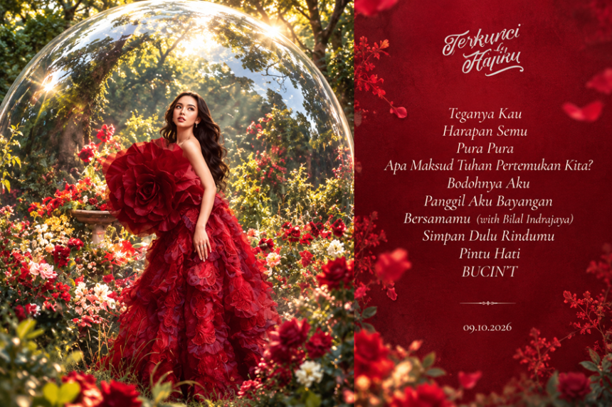 Ilustrasi penyanyi perempuan mengenakan gaun merah di taman bunga untuk album Terkunci Hatiku