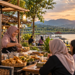 Pedagang kuliner lokal melayani pengunjung di kawasan wisata tepi embung saat senja.