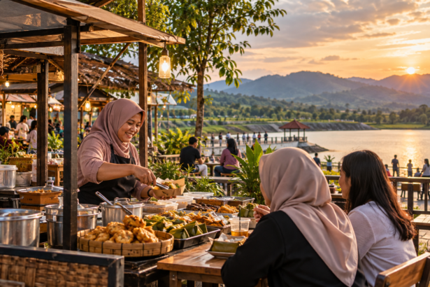 Pedagang kuliner lokal melayani pengunjung di kawasan wisata tepi embung saat senja.