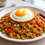 Nasi goreng berbumbu dengan telur mata sapi, irisan cabai merah, daun bawang, dan sambal.