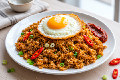 Nasi goreng berbumbu dengan telur mata sapi, irisan cabai merah, daun bawang, dan sambal.