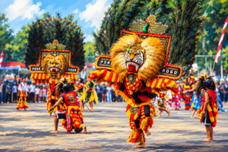 Ilustrasi pertunjukan Reog Ponorogo dengan topeng singa berhias bulu merak dan penari berkostum merah kuning.