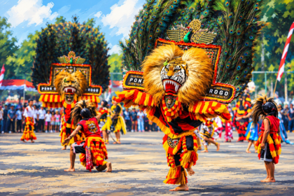 Ilustrasi pertunjukan Reog Ponorogo dengan topeng singa berhias bulu merak dan penari berkostum merah kuning.