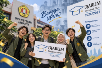 Ilustrasi lima mahasiswa UPN Veteran Jakarta yang berhasil lolos program Djarum Beasiswa Plus 2026/2027.