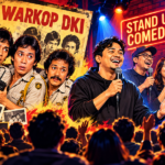 Ilustrasi perkembangan komedi Indonesia dari era Warkop DKI hingga komika stand-up di panggung digital Salin alt text