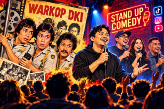 Ilustrasi perkembangan komedi Indonesia dari era Warkop DKI hingga komika stand-up di panggung digital Salin alt text