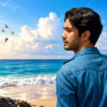 Ilustrasi film Laut Bercerita 2026 menampilkan seorang pria berjaket denim biru di tepi pantai.