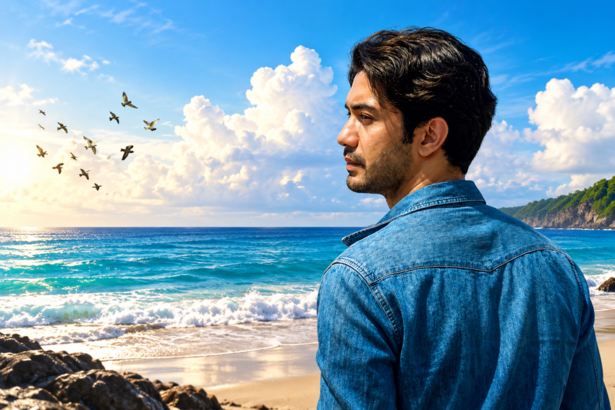 Ilustrasi film Laut Bercerita 2026 menampilkan seorang pria berjaket denim biru di tepi pantai.