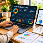 Seseorang menganalisis data digital marketing melalui laptop dan tablet dengan tampilan grafik trafik, pengunjung, dan performa pemasaran.