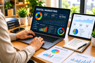 Seseorang menganalisis data digital marketing melalui laptop dan tablet dengan tampilan grafik trafik, pengunjung, dan performa pemasaran.