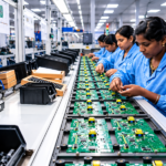 Sejumlah pekerja mengenakan seragam biru sedang merakit dan memeriksa papan sirkuit elektronik di jalur produksi pabrik.