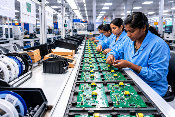 Sejumlah pekerja mengenakan seragam biru sedang merakit dan memeriksa papan sirkuit elektronik di jalur produksi pabrik.