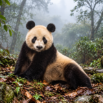 Panda raksasa beristirahat di lantai hutan berkabut dengan pepohonan hijau dan dedaunan basah