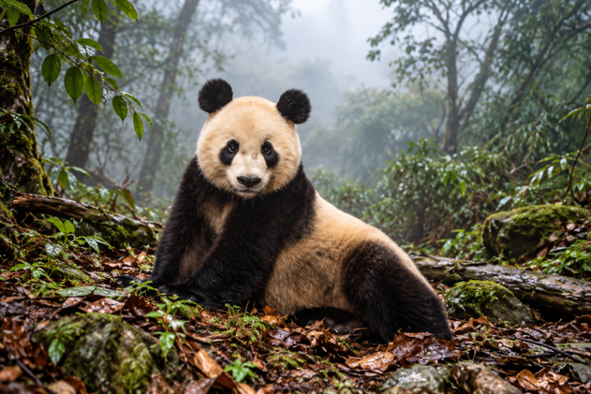 Panda raksasa beristirahat di lantai hutan berkabut dengan pepohonan hijau dan dedaunan basah