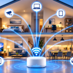 Ilustrasi rumah pintar dua lantai dengan router WiFi yang terhubung ke lampu, kamera keamanan, laptop, ponsel, dan perangkat elektronik.