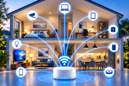 Ilustrasi rumah pintar dua lantai dengan router WiFi yang terhubung ke lampu, kamera keamanan, laptop, ponsel, dan perangkat elektronik.