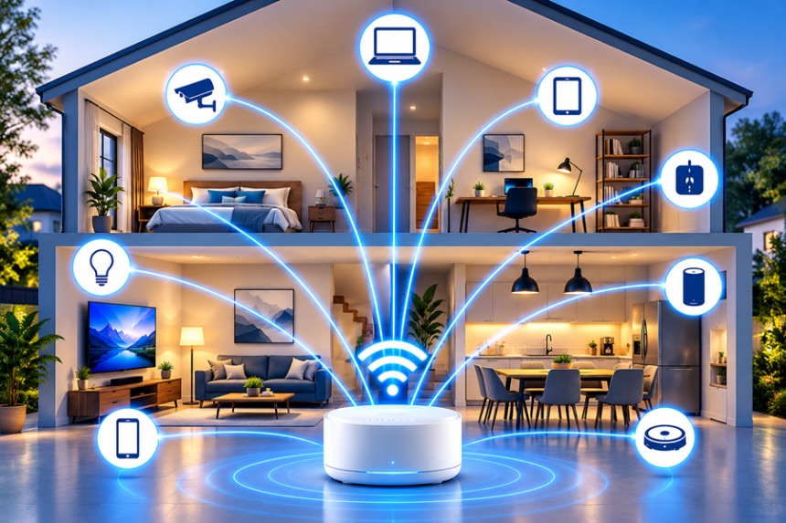 Ilustrasi rumah pintar dua lantai dengan router WiFi yang terhubung ke lampu, kamera keamanan, laptop, ponsel, dan perangkat elektronik.