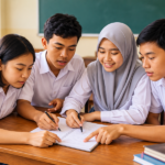 Empat siswa SMA berseragam putih bekerja sama mengerjakan tugas kelompok di meja kelas.