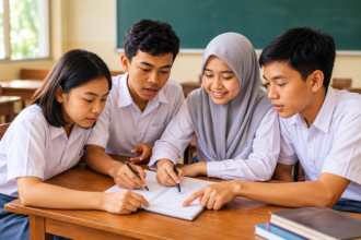 Empat siswa SMA berseragam putih bekerja sama mengerjakan tugas kelompok di meja kelas.