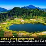 Ilustrasi keindahan wisata Zona 2 Dieng Banjarnegara dengan panorama danau, perbukitan hijau, dan lahan pertanian.