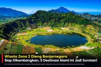Ilustrasi keindahan wisata Zona 2 Dieng Banjarnegara dengan panorama danau, perbukitan hijau, dan lahan pertanian.