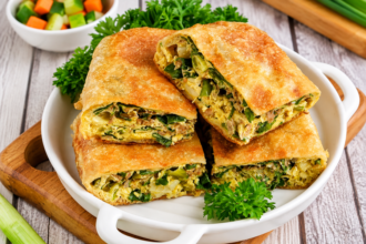 Martabak telur goreng berwarna keemasan dengan isian telur dan daun bawang, dipotong menjadi beberapa bagian.