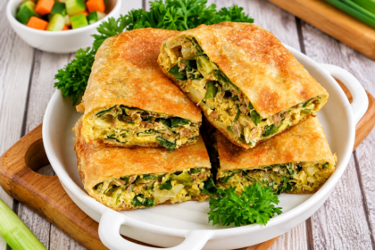 Martabak telur goreng berwarna keemasan dengan isian telur dan daun bawang, dipotong menjadi beberapa bagian.