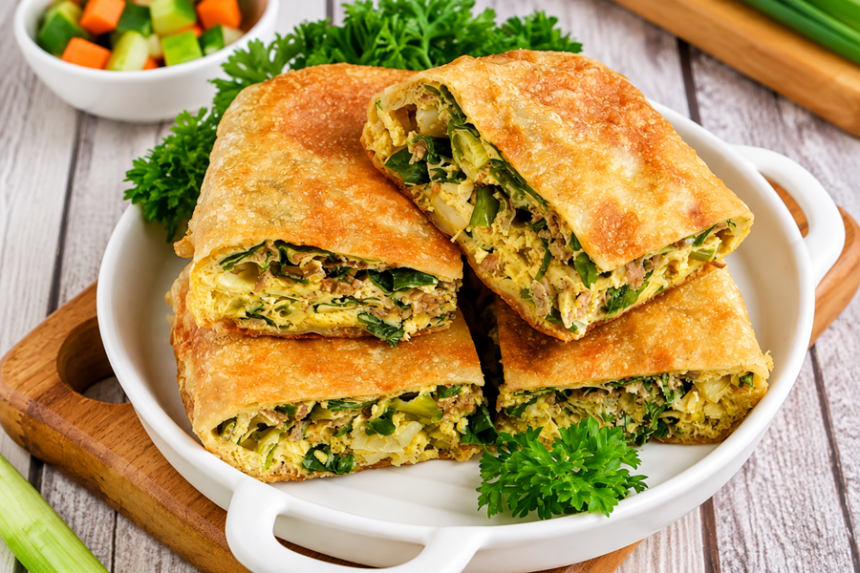 Martabak telur goreng berwarna keemasan dengan isian telur dan daun bawang, dipotong menjadi beberapa bagian.