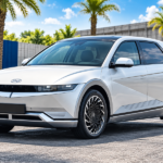 Ilustrasi mobil listrik bergaya Hyundai Ioniq 5 warna putih dengan desain futuristis, lampu LED, dan velg sporty.