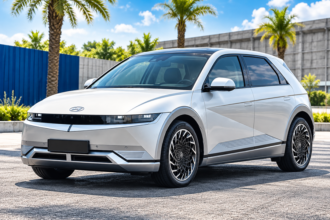 Ilustrasi mobil listrik bergaya Hyundai Ioniq 5 warna putih dengan desain futuristis, lampu LED, dan velg sporty.