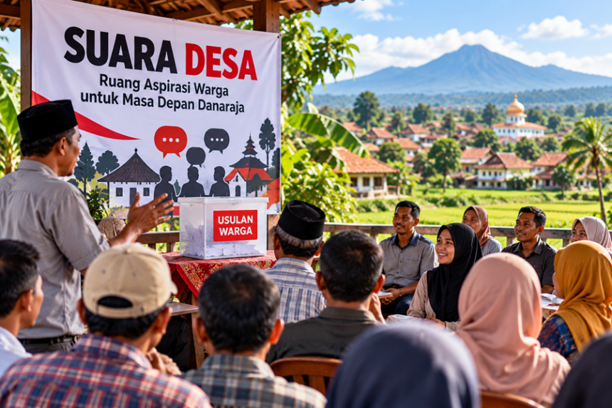 Ilustrasi warga Danaraja berdiskusi menyampaikan aspirasi untuk masa depan desa melalui program Suara Desa.