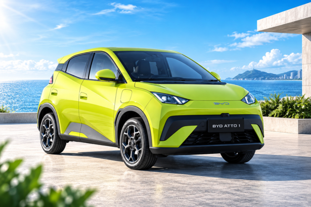 Ilustrasi mobil listrik BYD Atto 1 warna hijau lime dengan desain kompak modern di tepi pantai.