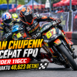 Irfan Chupenk nomor 67 menjadi pembalap tercepat di FPQ kelas Bebek 2T STD 116cc Exrider dengan catatan waktu 48,623 detik.