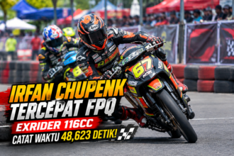 Irfan Chupenk nomor 67 menjadi pembalap tercepat di FPQ kelas Bebek 2T STD 116cc Exrider dengan catatan waktu 48,623 detik.