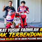 Reykat Yusuf Fadhilah #43 dengan motor balapnya setelah mencatat waktu 45,654 detik di FPQ Bebek 4T TU 150cc Novice.