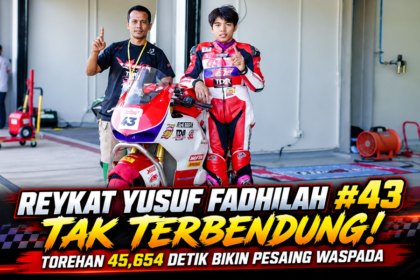 Reykat Yusuf Fadhilah #43 dengan motor balapnya setelah mencatat waktu 45,654 detik di FPQ Bebek 4T TU 150cc Novice.