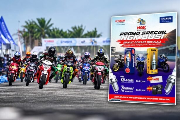 Promo NGK Busi di Yamaha Cup Race 2026 Boyolali dengan hadiah handuk dan T-shirt eksklusif untuk pembelian busi tertentu.