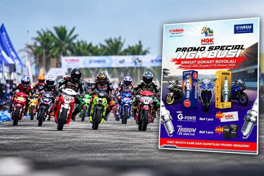 Promo NGK Busi di Yamaha Cup Race 2026 Boyolali dengan hadiah handuk dan T-shirt eksklusif untuk pembelian busi tertentu.