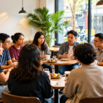 Sekelompok anak muda berdiskusi bersama di kafe untuk mempererat solidaritas dan membangun komunitas.