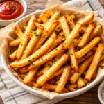 Kentang goreng berwarna keemasan dengan taburan garam dan rempah, disajikan bersama saus tomat.