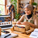 Pelaku UMKM mengemas produk batik untuk pesanan pelanggan dengan bantuan toko online di laptop.