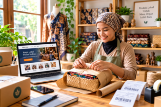 Pelaku UMKM mengemas produk batik untuk pesanan pelanggan dengan bantuan toko online di laptop.