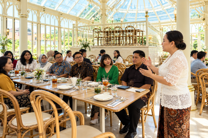 Foto ilustrasi seorang perempuan berbicara di hadapan peserta pertemuan formal di restoran.