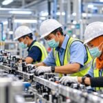 Pekerja menggunakan alat pelindung diri saat melakukan proses produksi di pabrik industri modern.