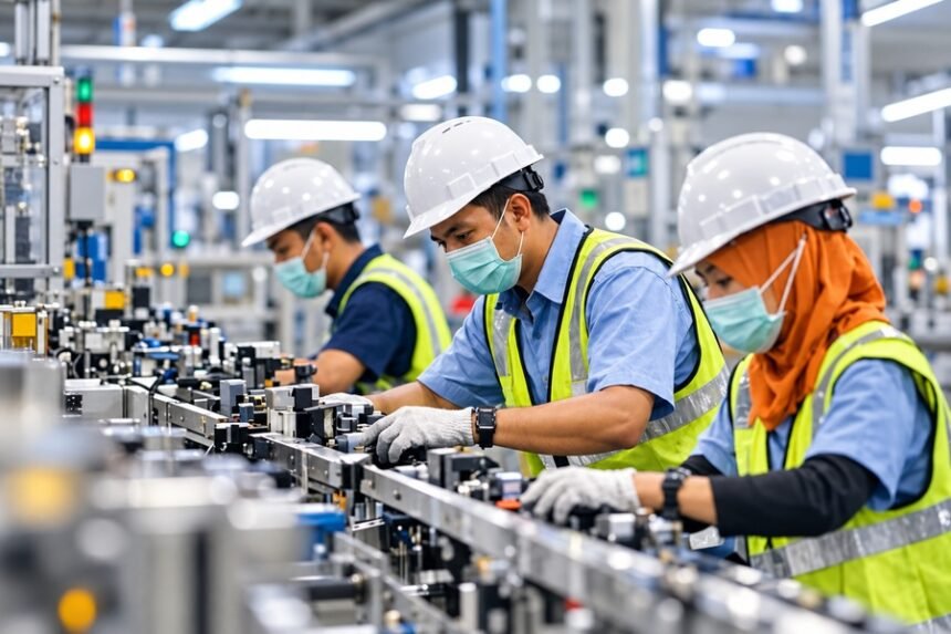 Pekerja menggunakan alat pelindung diri saat melakukan proses produksi di pabrik industri modern.