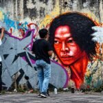 Tiga seniman sedang membuat mural bergambar potret wajah berwarna merah dan grafiti pada dinding beton perkotaan.