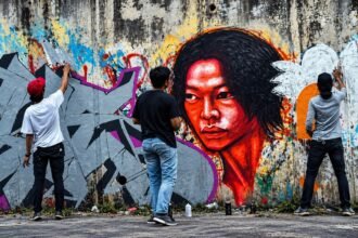 Tiga seniman sedang membuat mural bergambar potret wajah berwarna merah dan grafiti pada dinding beton perkotaan.